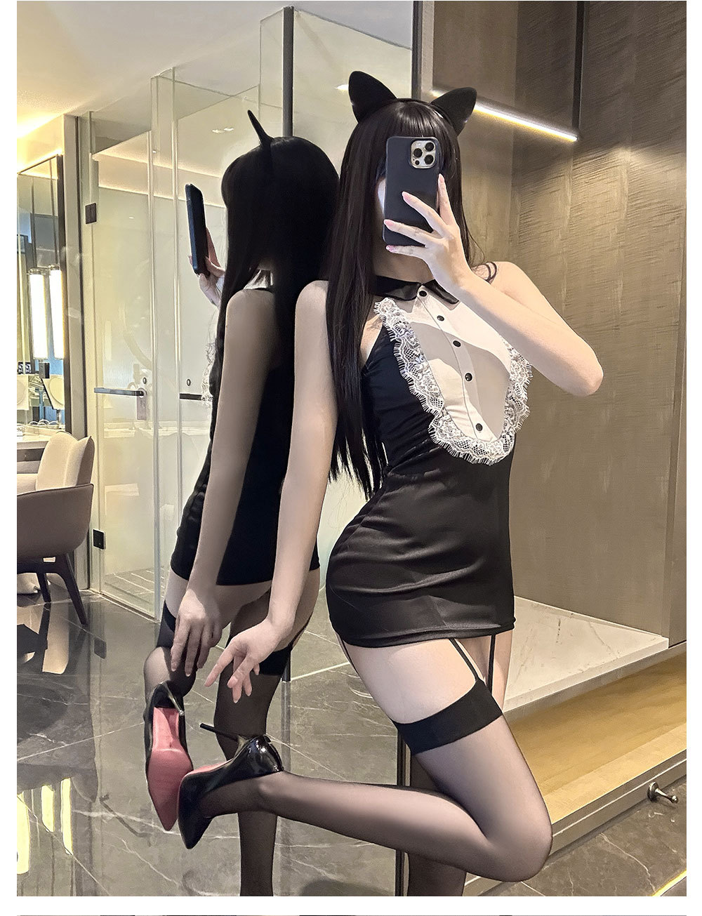 After Dark Black Lace-Trim Lingerie Dress & Stockings Set