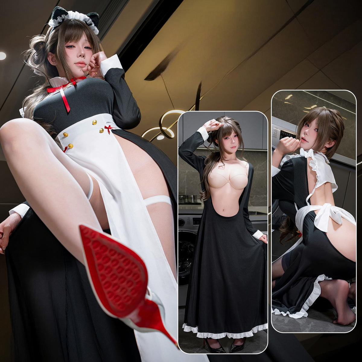 Midnight Muse Maid Lingerie Set with White Thigh-High Stockings
