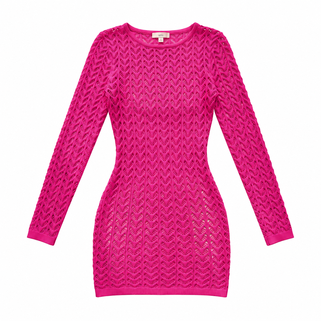 Hot pink fishnet mini dress – product flat lay repeat