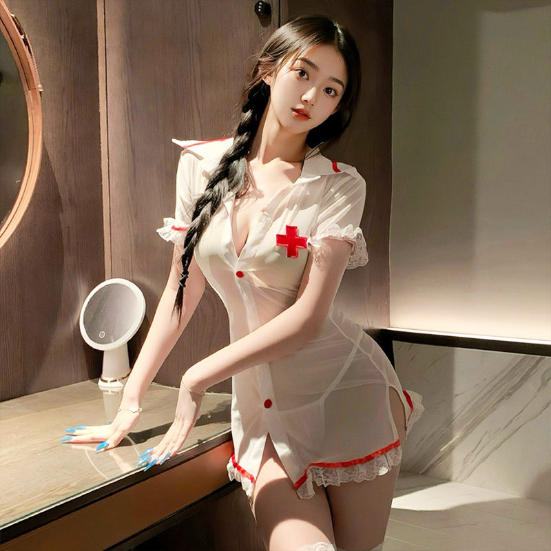 White Nurse-Inspired Lingerie Dress & Stockings Set