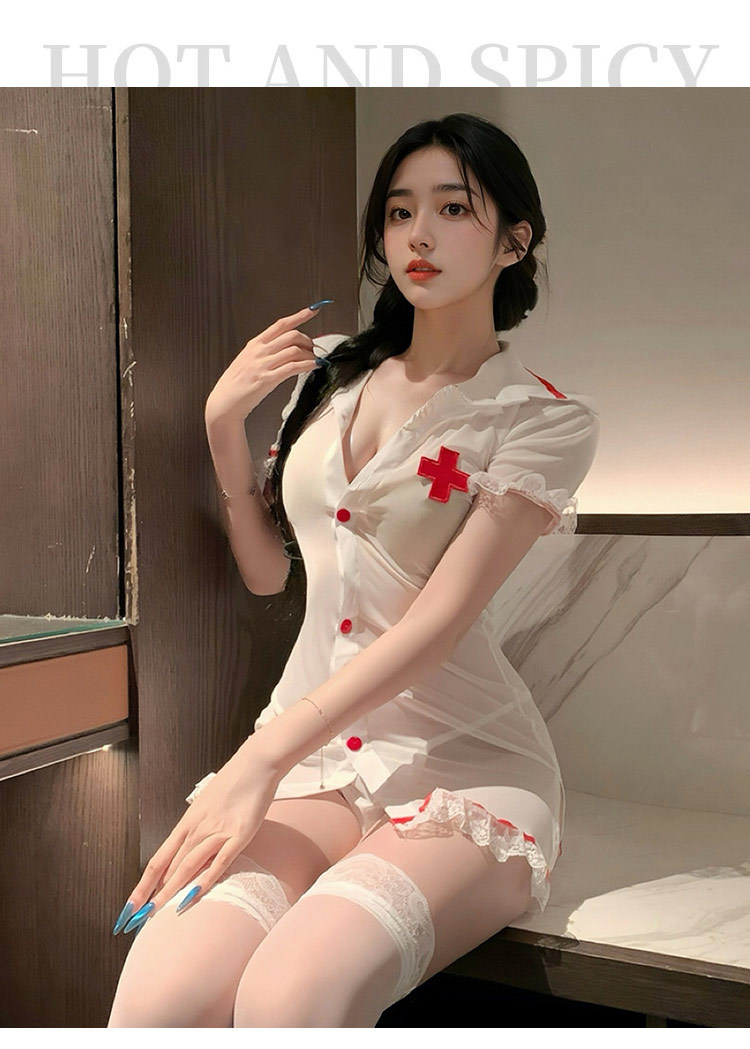 White Nurse-Inspired Lingerie Dress & Stockings Set