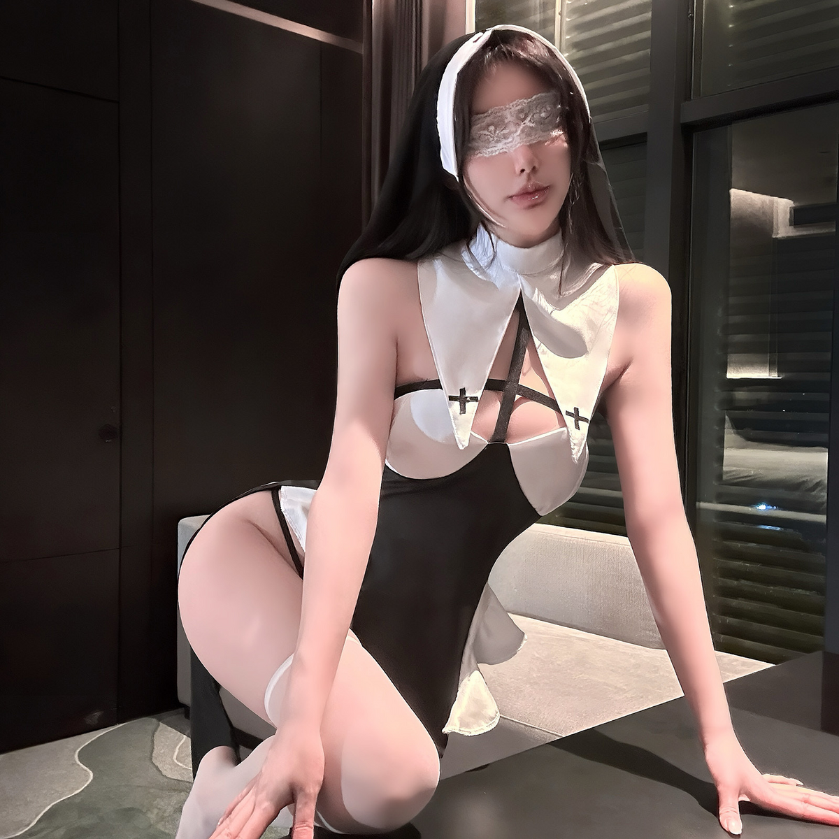 Midnight Habit Nun Lingerie Set with White Stockings