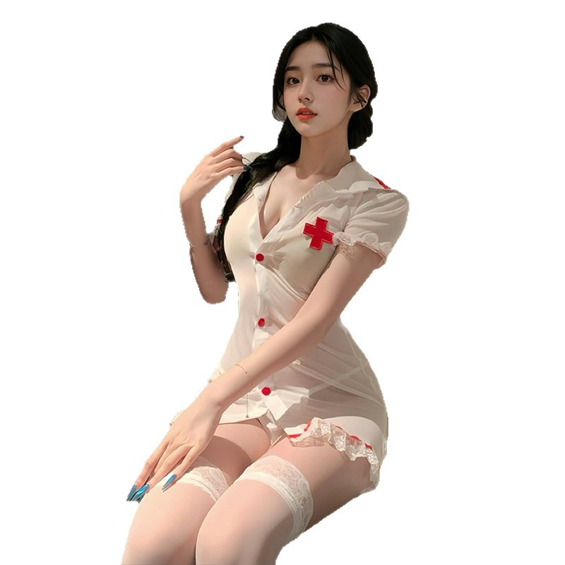 White Nurse-Inspired Lingerie Dress & Stockings Set