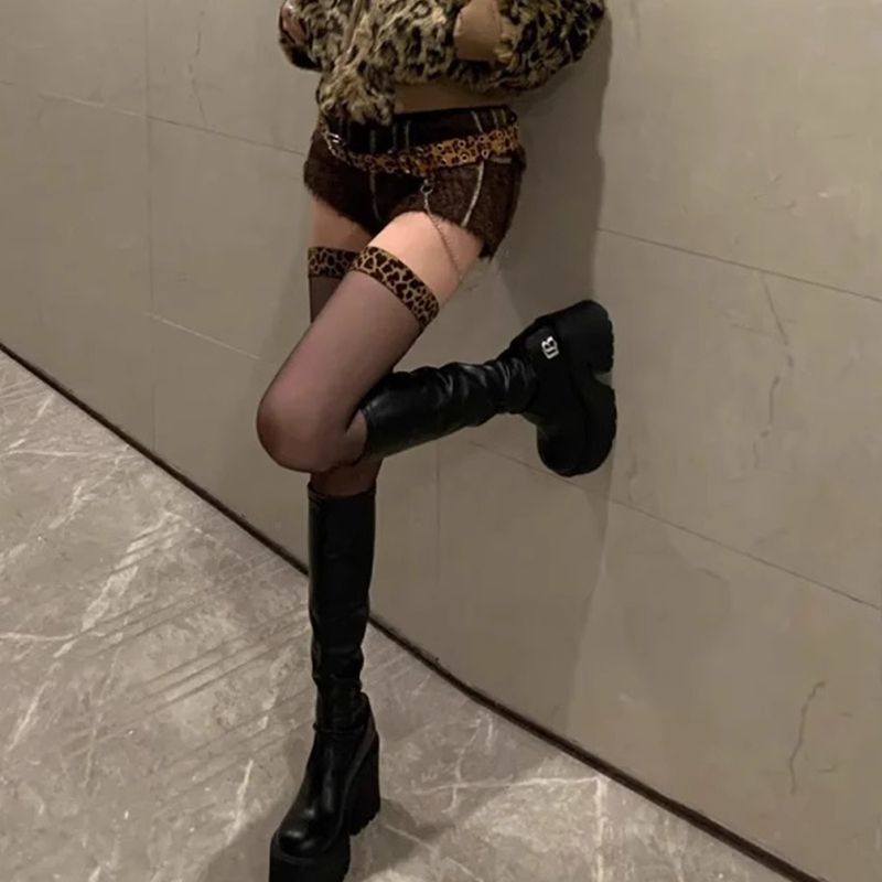 Wild Allure Leopard-Trim Sheer Thigh-High Stockings