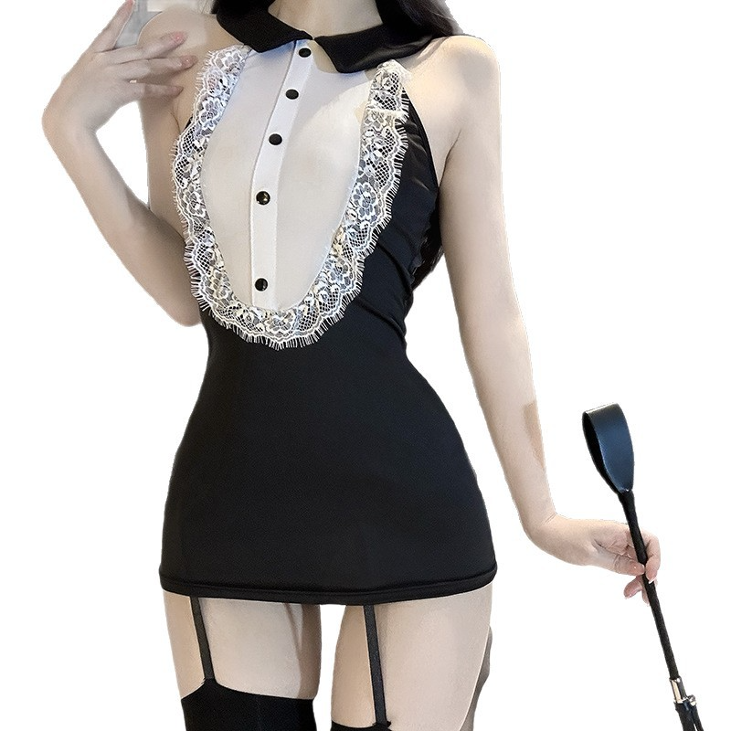 After Dark Black Lace-Trim Lingerie Dress & Stockings Set