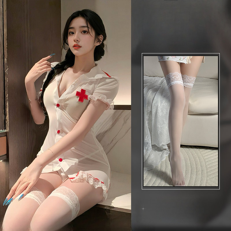 White Nurse-Inspired Lingerie Dress & Stockings Set
