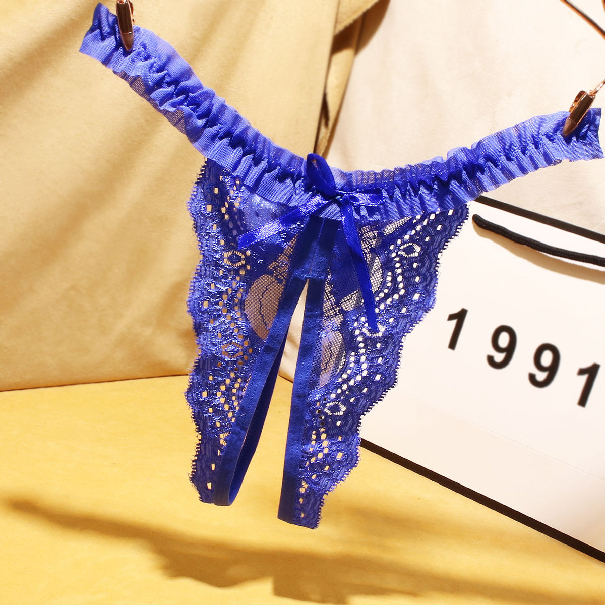 Ivory lace open crotch thong – lifestyle shot